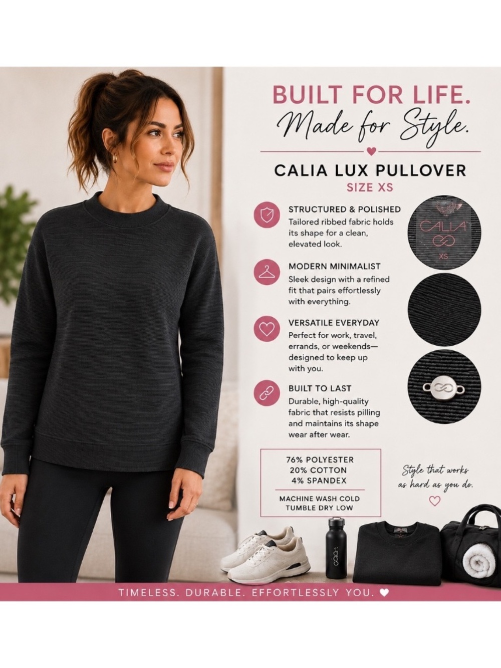 CALIA Lux Structured Pullover XS Dark Charcoal Gray Side Zip Athleisure